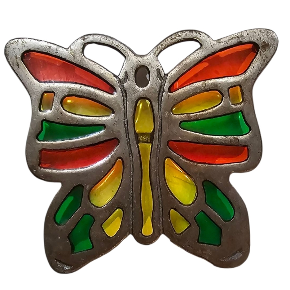 Vintage Set of 2 Colorful Iron & Acrylic Butterfly and Woven Oval Trivets - Picture 2 of 8
